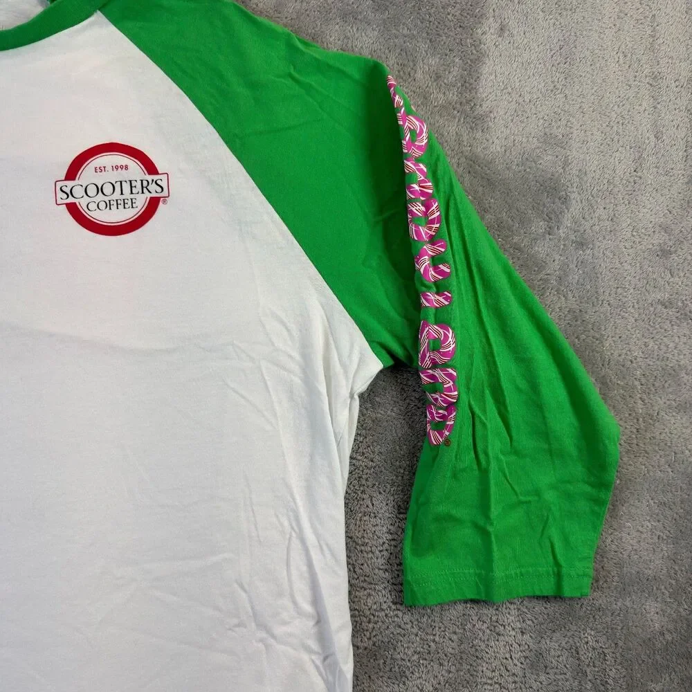 Scooters Coffee Shirt Unisex XL Green White 3/4 Raglan Baseball Candyland Promo